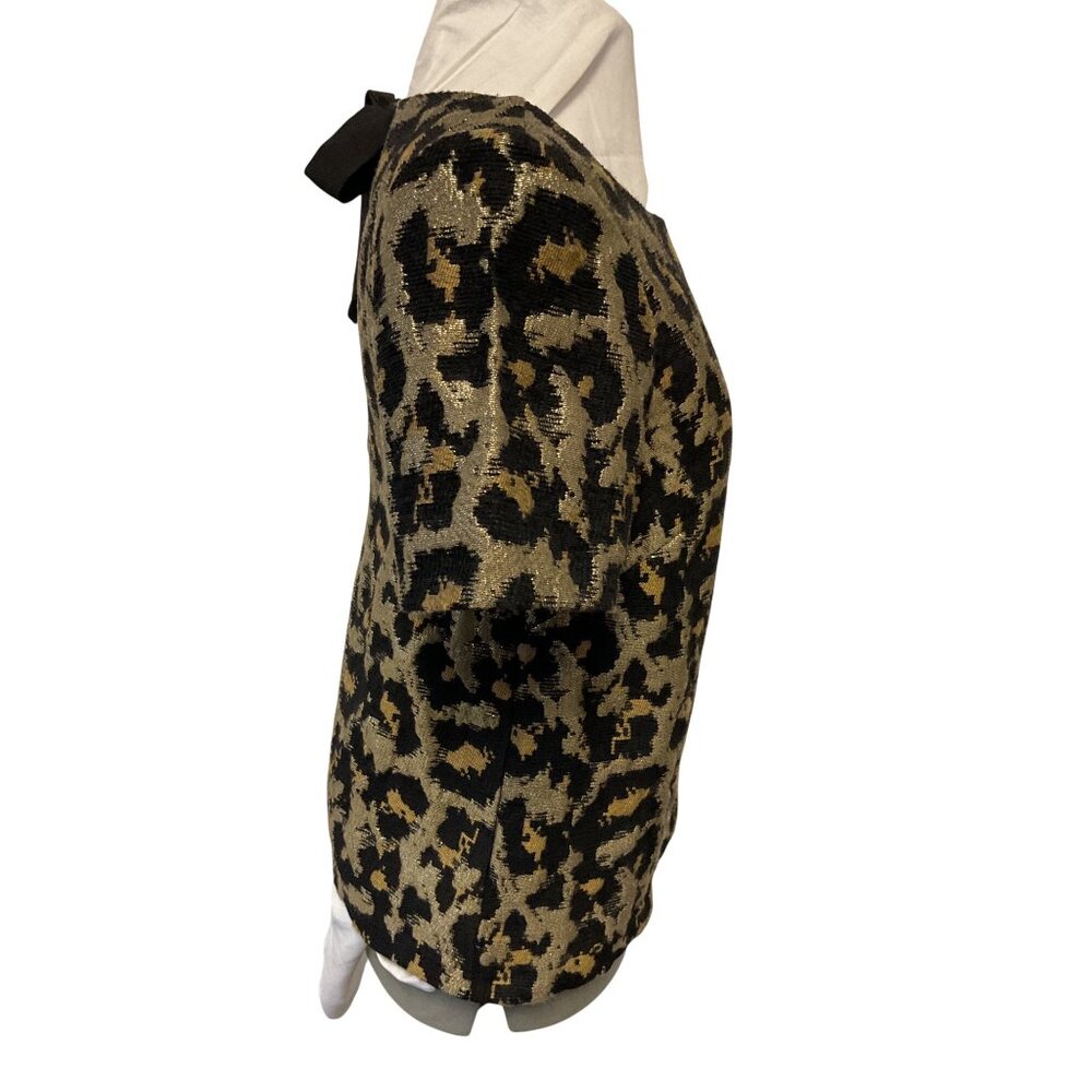Anthropologie Hutch Leopard Print Metallic Short-Sleeve Top With Black Bow Deta - Picture 3 of 5